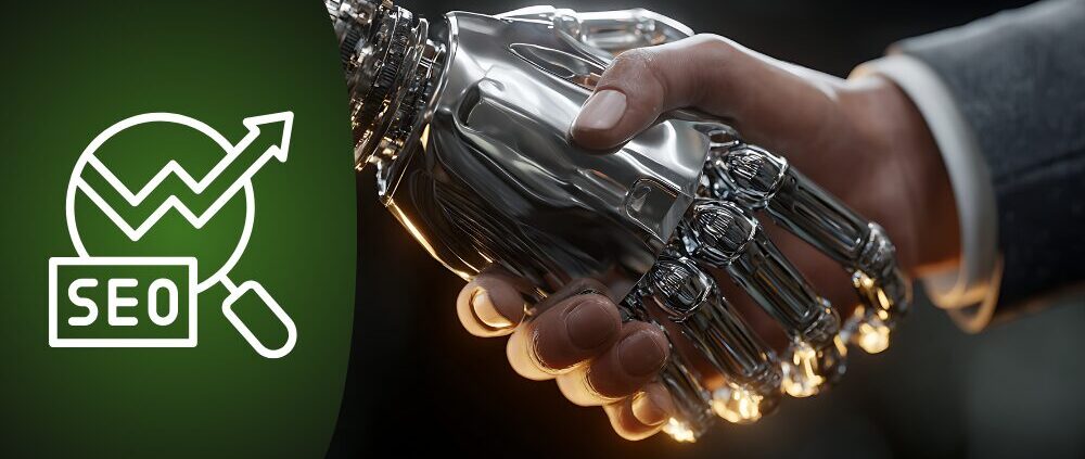 Das Bild symbolisiert die Partnerschaft zwischen SEO und KI zur Optimierung der Online-Sichtbarkeit.